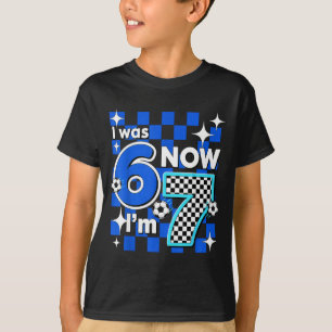 Blauw geruit Ik was 6 Nu ben ik 7 Verjaardag Voetb T-shirt