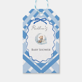 Blauw geruit jongens babyshower beer lint cadeauka cadeaulabel