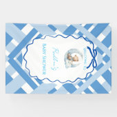 Blauw geruit jongens babyshower beer Welkom Spandoek (Horizontaal)