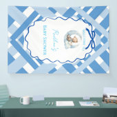 Blauw geruit jongens babyshower beer Welkom Spandoek (Beurs)