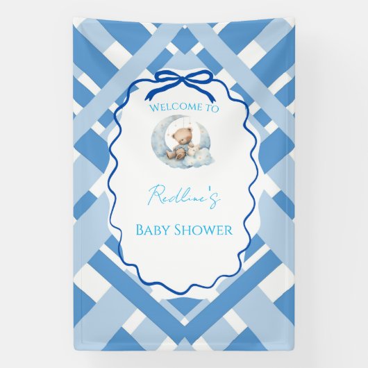 Blauw geruit jongens babyshower beer Welkom Spandoek (Verticaal)