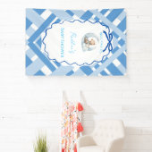 Blauw geruit jongens babyshower beer Welkom Spandoek (Insitu)