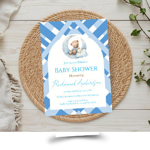 Blauw geruit jongetje baby shower beer kaart