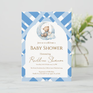Blauw geruit jongetje baby shower beer kaart
