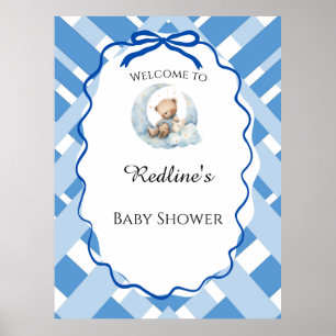 Blauw geruit jongetje babyshower beer Welkom Poster