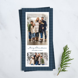 Blauw geruit kader twee foto Prettig kerstfeest Feestdagenkaart