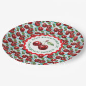 Blauw geruit kersenpatroon gepersonaliseerde geboo papieren bordje (Gekanteld)