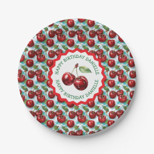 Blauw geruit kersenpatroon gepersonaliseerde geboo papieren bordje