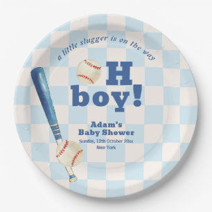 Blauw geruit kleine slaghout honkbal baby shower papieren bordje