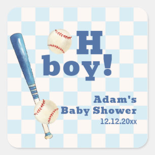 Blauw geruit kleine Slugger honkbal baby shower Vierkante Sticker