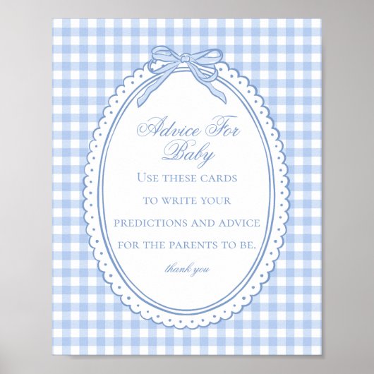 Blauw geruit koket lint advies voor baby shower poster (Voorkant)