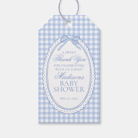 Blauw geruit koket strik babyshower favorietjes cadeaulabel (Voorkant)