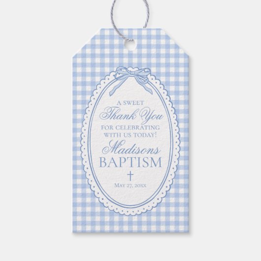 Blauw geruit koket strik doopgunsten cadeaulabel (Voorkant)