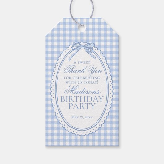 Blauw geruit kokette strik verjaardagsfeestjes fav cadeaulabel (Voorkant)