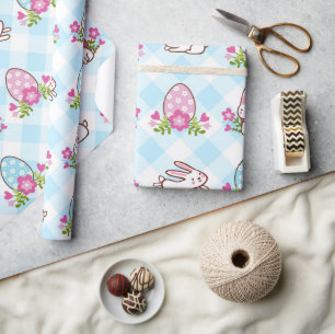 Blauw geruit konijn en eieren cadeaupapier