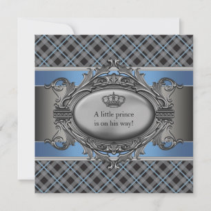 Blauw geruit kroontje kleine prins jongetje baby s kaart