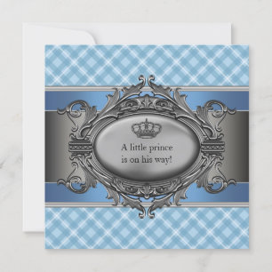 Blauw geruit kroontje kleine prins jongetje baby s kaart