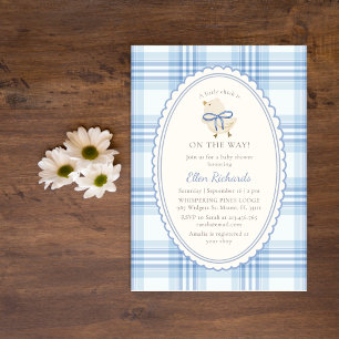Blauw geruit kuikentje jongens babyfeest kaart