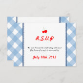Blauw geruit landelijk rustiek trouwfeest antwoord kaart (Voorkant / Achterkant)