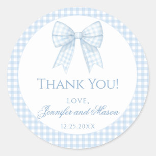 Blauw geruit lint baby jongen shower bedankt ronde sticker