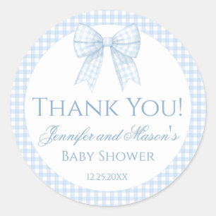 Blauw geruit lint baby jongen shower bedankt stick ronde sticker