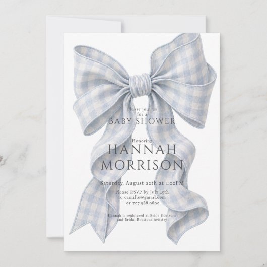 Blauw geruit lint baby shower uitnodiging (Voorkant)