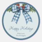 Blauw geruit lint Gelukkig feest Gift sticker (Voorkant)