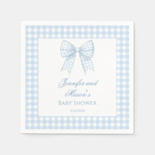 Blauw geruit lint met strik baby jongensfeest servet