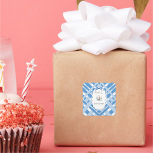 Blauw geruit lint voor beer bij baby shower voor j vierkante sticker