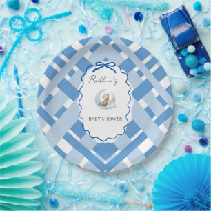 Blauw geruit lint voor beer bij babyborrel voor jo papieren bordje