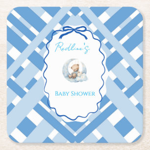 Blauw geruit lint voor beer voor babyshower voor j kartonnen onderzetters