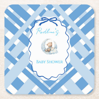 Blauw geruit lint voor beer voor babyshower voor j kartonnen onderzetters