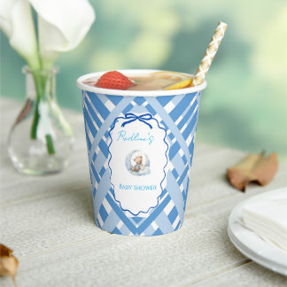 Blauw geruit lint voor jongensbabyborrel met beer papieren bekers