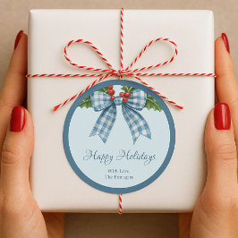 Blauw geruit lint vrolijk kerstfeest cadeaustaferl ronde sticker