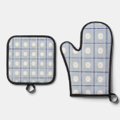 Blauw geruit madeliefjes patroon ovenwant & pannenlap set (Voorkant)