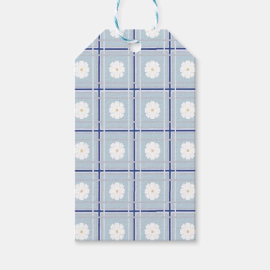 Blauw geruit madeliefjespatroon cadeaulabel (Voorkant)