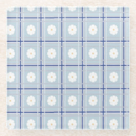Blauw geruit madeliefjespatroon glazen onderzetter