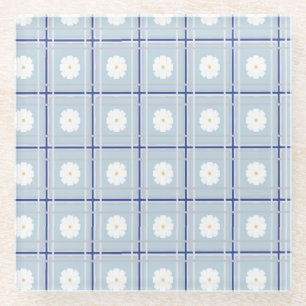 Blauw geruit madeliefjespatroon glazen onderzetter
