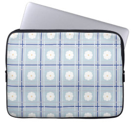 Blauw geruit madeliefjespatroon laptop sleeve