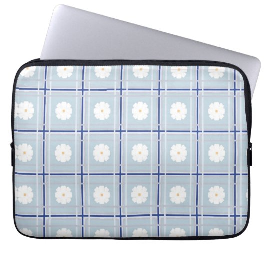 Blauw geruit madeliefjespatroon laptop sleeve (Voorkant)