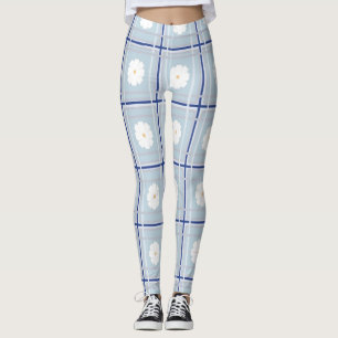 Blauw geruit madeliefjespatroon leggings