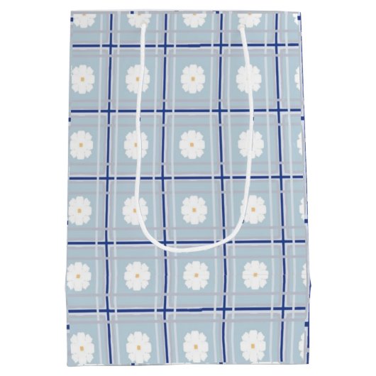 Blauw geruit madeliefjespatroon medium cadeauzakje (Achterkant)