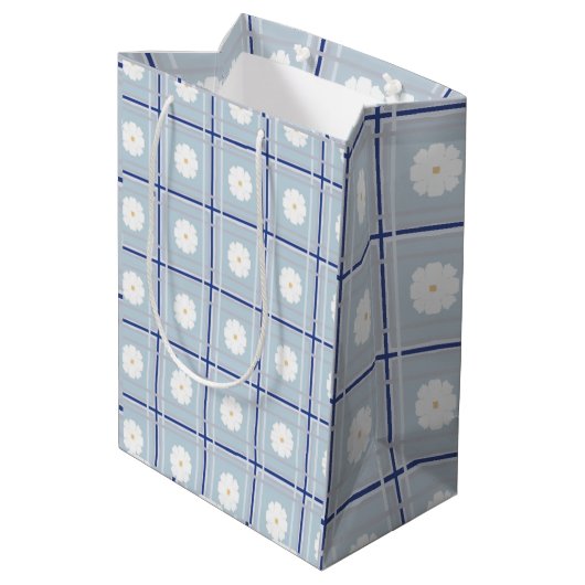 Blauw geruit madeliefjespatroon medium cadeauzakje (Achterkant Gekanteld)