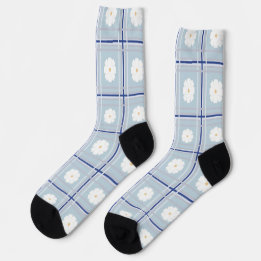Blauw geruit madeliefjespatroon sokken