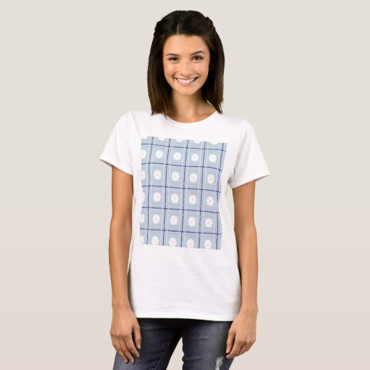 Blauw geruit madeliefjespatroon t-shirt (Voorkant volledig)