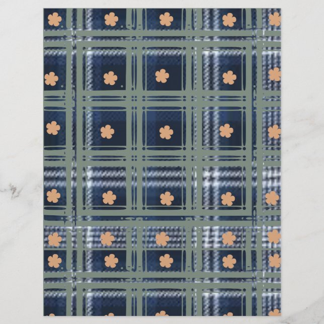 Blauw geruit met perzik bloemen (Voorkant)