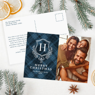 Blauw geruit monogram foto kerst feestdagenkaart