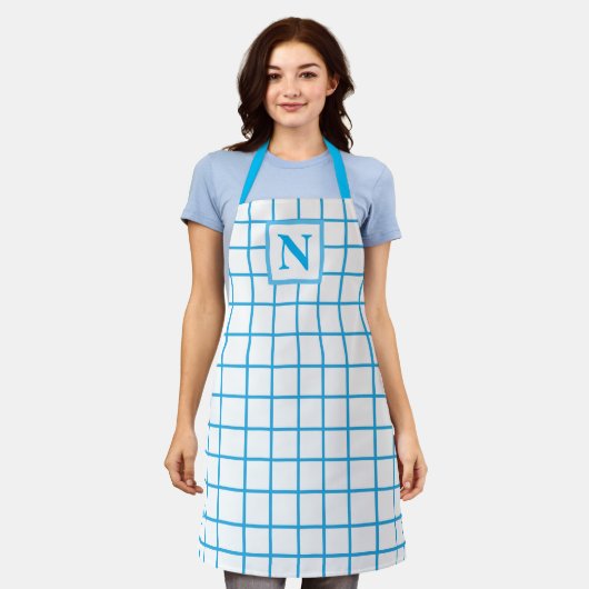 Blauw geruit monogram schort (Gedragen)