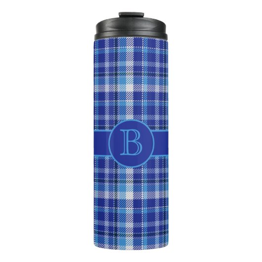 Blauw geruit monogram thermische tumbler thermosbeker (Voorkant)