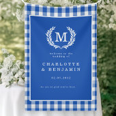 Blauw geruit monogram wapen trouwwelcome spandoek
